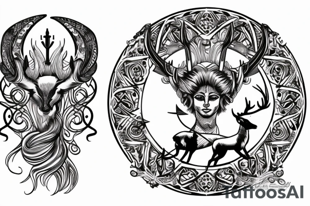 Back piece of Goddess Artemis with her stag, her bow and arrow, and the moon in the background tattoo idea