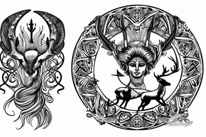 Back piece of Goddess Artemis with her stag, her bow and arrow, and the moon in the background tattoo idea