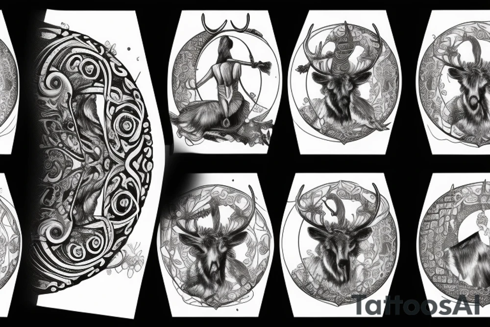 Back piece of Goddess Artemis with her stag, her bow and arrow, and the moon in the background tattoo idea