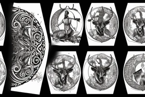 Back piece of Goddess Artemis with her stag, her bow and arrow, and the moon in the background tattoo idea