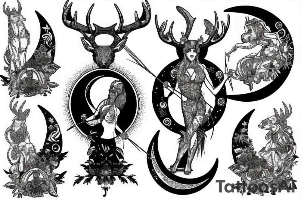 Left bottom backBack piece of Goddess Artemis with her stag, her bow and arrow, and the moon in the background tattoo idea