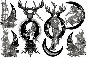 Left bottom backBack piece of Goddess Artemis with her stag, her bow and arrow, and the moon in the background tattoo idea