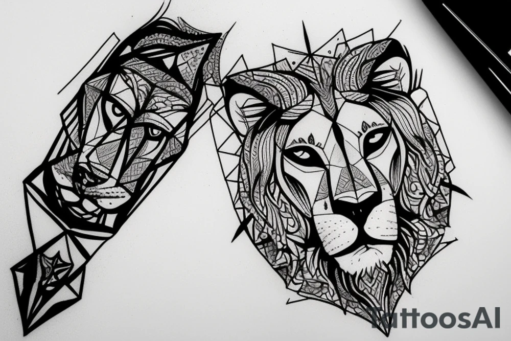 Half realistic lioness, and the other half is a geometric lioness which contains the roman number 1999, symbol of determination and self power tattoo idea