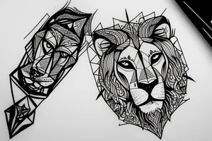 Half realistic lioness, and the other half is a geometric lioness which contains the roman number 1999, symbol of determination and self power tattoo idea