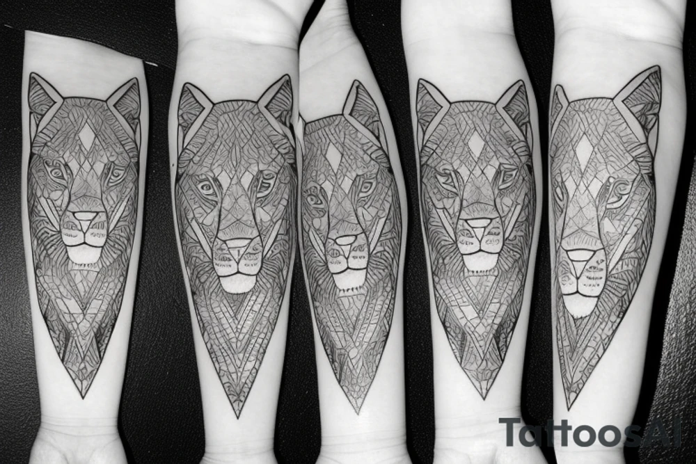Half realistic lioness, and the other half is a geometric lioness which contains the roman number 1999, symbol of determination and self power tattoo idea