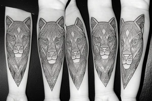 Half realistic lioness, and the other half is a geometric lioness which contains the roman number 1999, symbol of determination and self power tattoo idea