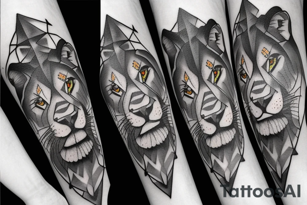 Half realistic lioness, and the other half is a geometric lioness which contains the roman number 1999, symbol of determination and self power tattoo idea