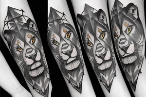 Half realistic lioness, and the other half is a geometric lioness which contains the roman number 1999, symbol of determination and self power tattoo idea