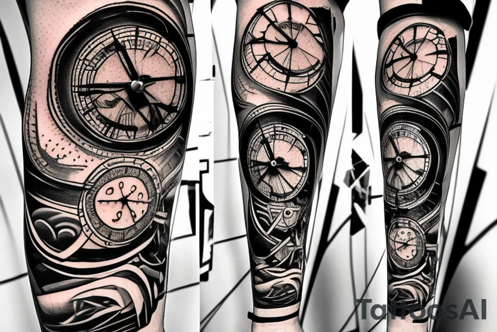 giant clock with stairs and a man climbing up them tattoo idea