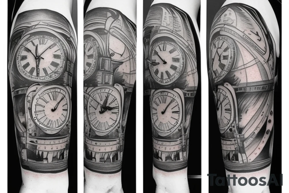 giant clock with stairs and a man climbing up them tattoo idea