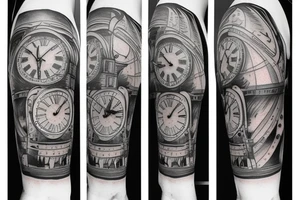 giant clock with stairs and a man climbing up them tattoo idea