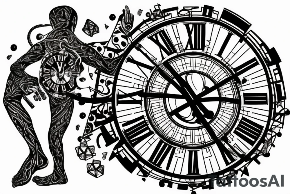 giant clock with stairs and a man climbing up them tattoo idea