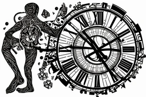 giant clock with stairs and a man climbing up them tattoo idea