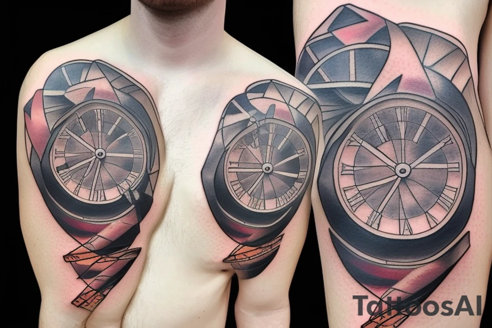 giant clock with stairs and a man climbing up them tattoo idea