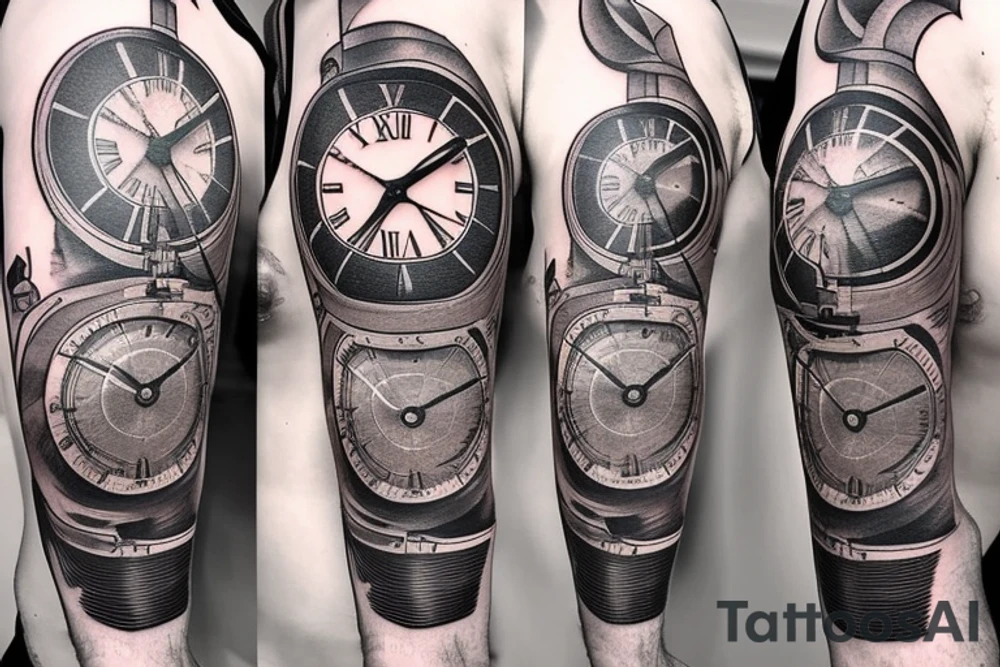 giant clock with stairs and a man climbing up them tattoo idea