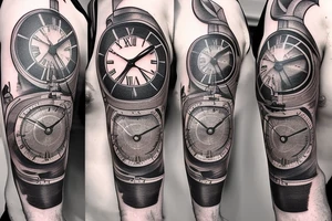 giant clock with stairs and a man climbing up them tattoo idea