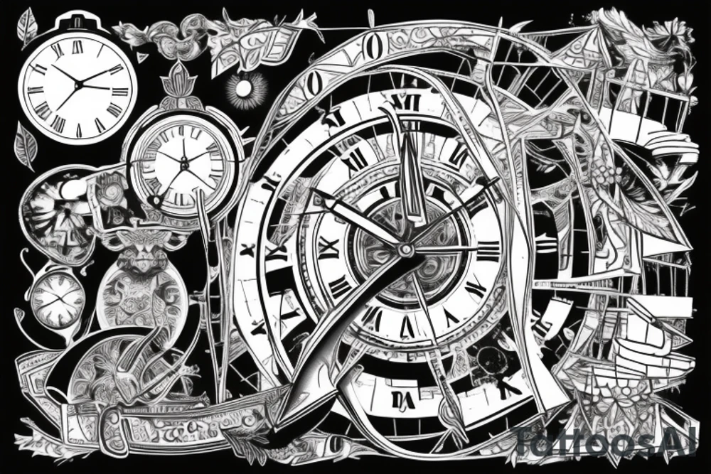 giant clock with stairs and a man climbing up them tattoo idea