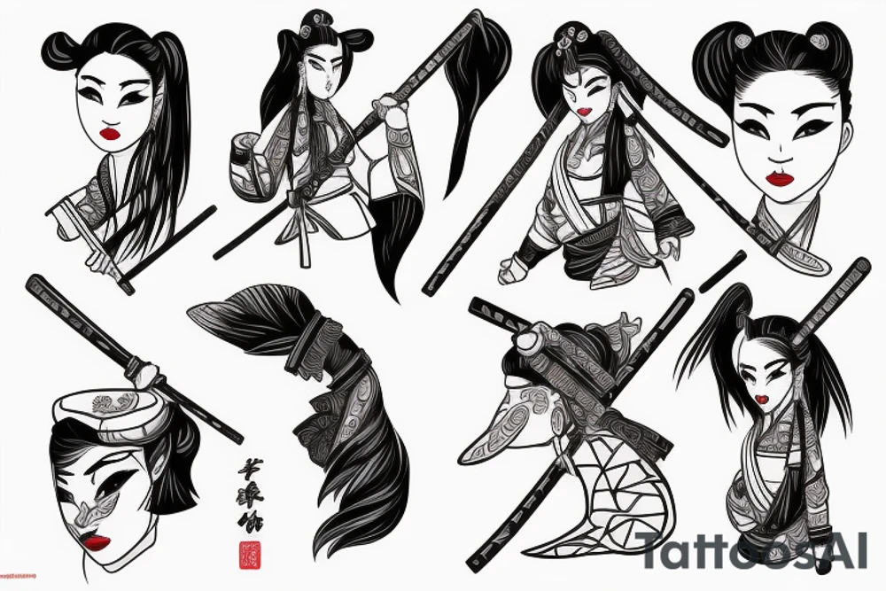 female samurai wielding a chilli katana tattoo idea