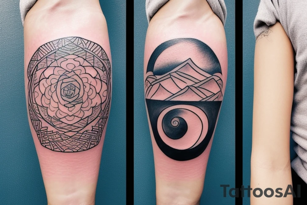 Yin yang balance tattoo with one side mountains and the other side with brain or books or knowledge tattoo idea