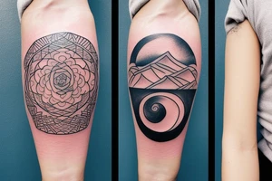 Yin yang balance tattoo with one side mountains and the other side with brain or books or knowledge tattoo idea