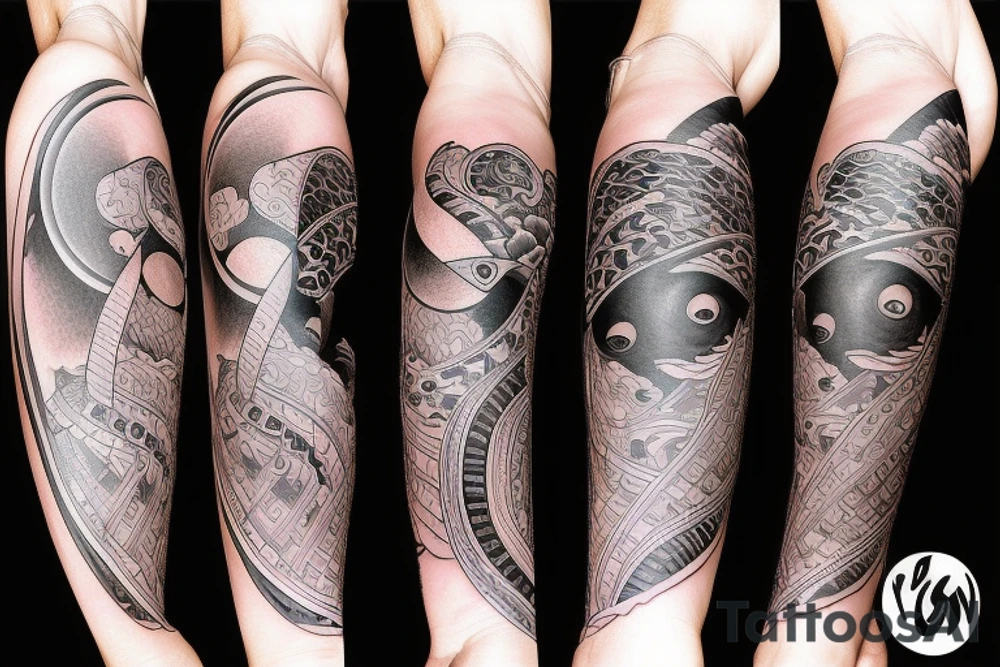 Yin yang balance tattoo with one side mountains and the other side with brain or books or knowledge tattoo idea