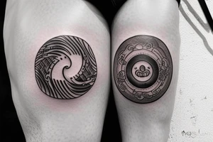 Yin yang style balance tattoo. One side of the yin yang should be mountains. The other side should be either books, knowledge, or brain. tattoo idea