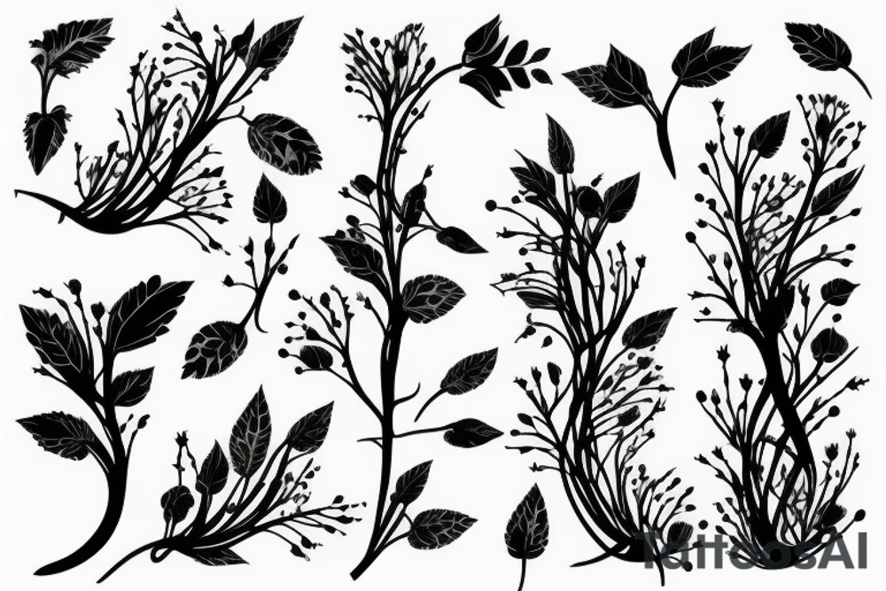 breast tattoo, tricolor violets with
spikes, branch, 
leaves, ink tattoo idea