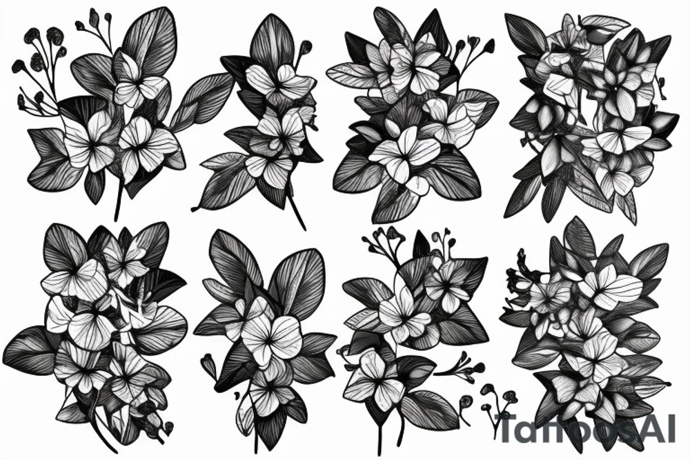 tricolor violets with
spikes, branch, 
leaves tattoo idea