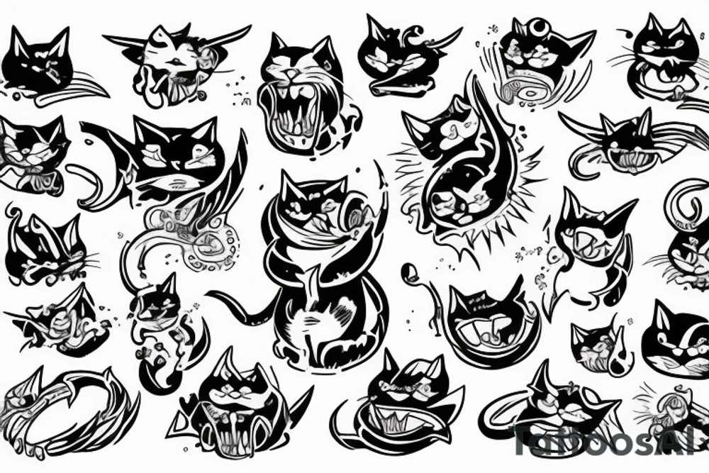 cat in the hell with demons tattoo idea