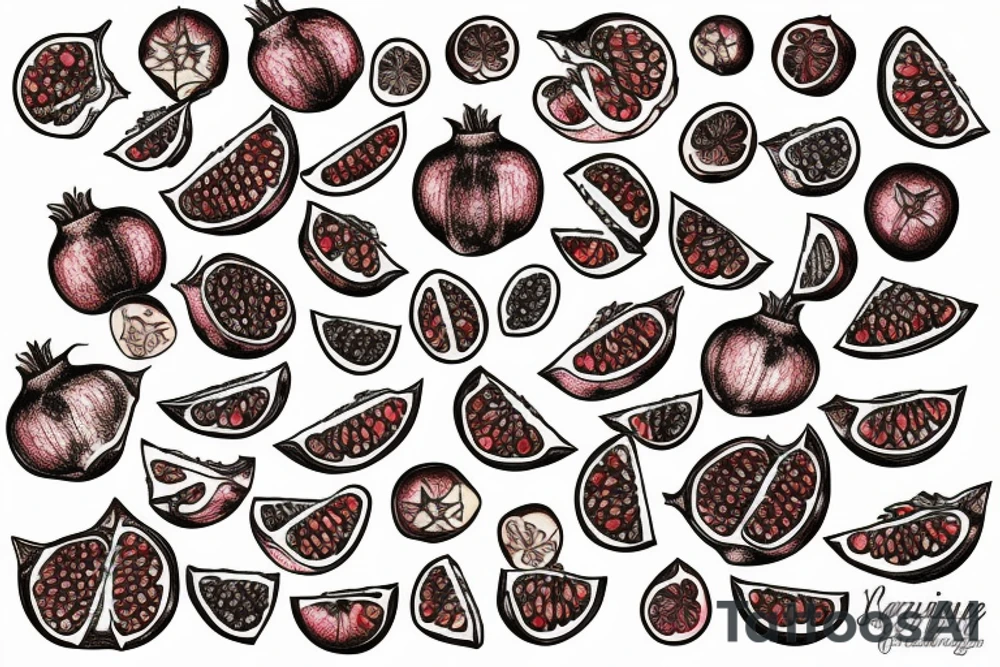 sliced pomegranate fine line tattoo idea