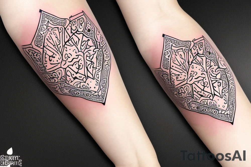 sliced pomegranate with alhambra motif fine line tattoo idea