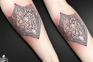 sliced pomegranate with alhambra motif fine line tattoo idea