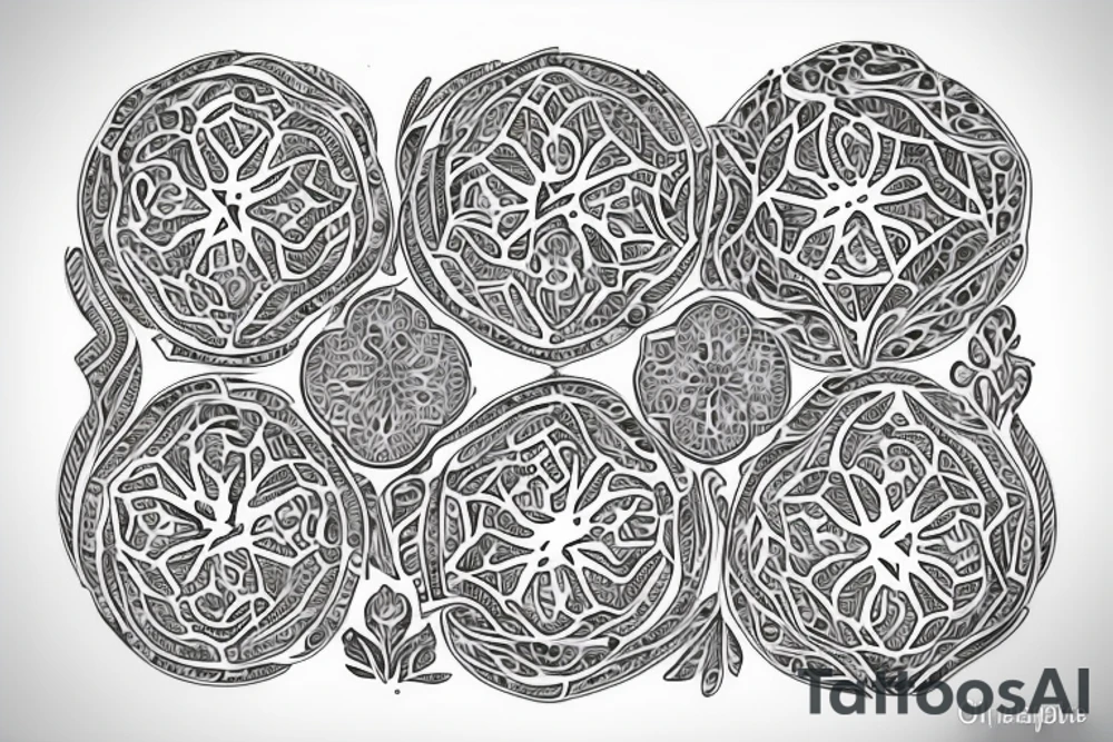 sliced pomegranate with alhambra motif fine line tattoo idea