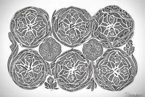 sliced pomegranate with alhambra motif fine line tattoo idea
