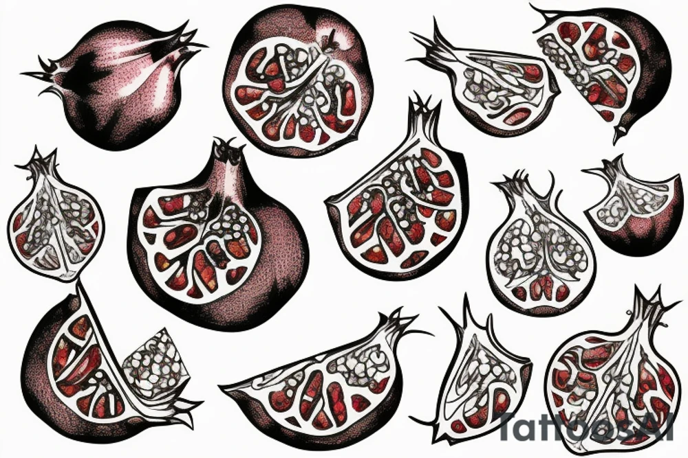 sliced pomegranate with alhambra motif fine line tattoo idea