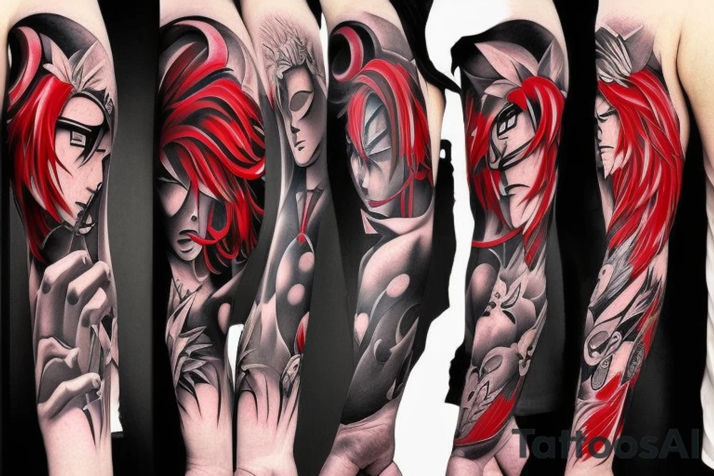 Arm tattoo, anime style in realism, black and red tones, Madara tattoo idea
