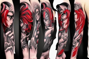 Arm tattoo, anime style in realism, black and red tones, Madara tattoo idea