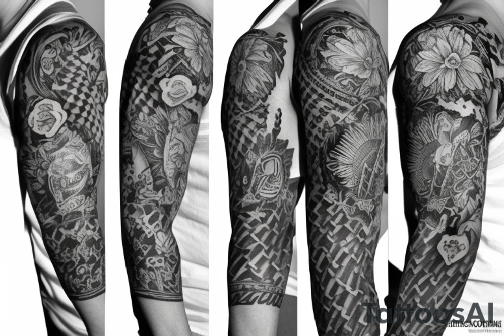 Sleeve Tattoo with flowers and symbols of the punk or vegan scene. tattoo idea