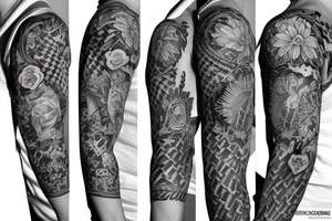 Sleeve Tattoo with flowers and symbols of the punk or vegan scene. tattoo idea