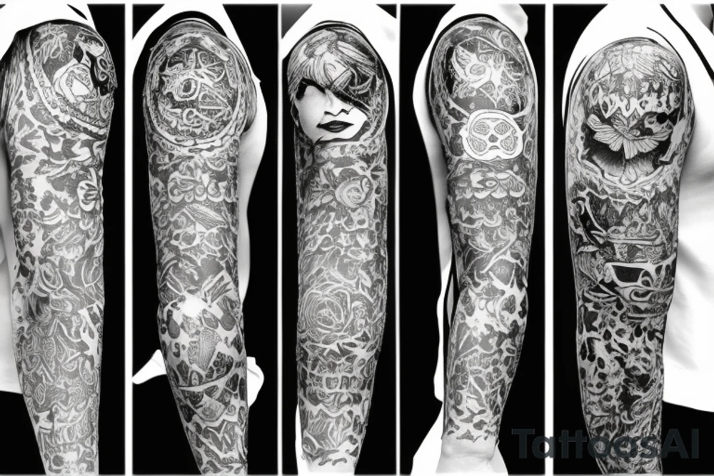 Sleeve Tattoo with flowers and symbols of the punk or vegan scene. tattoo idea