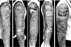 Sleeve Tattoo with flowers and symbols of the punk or vegan scene. tattoo idea