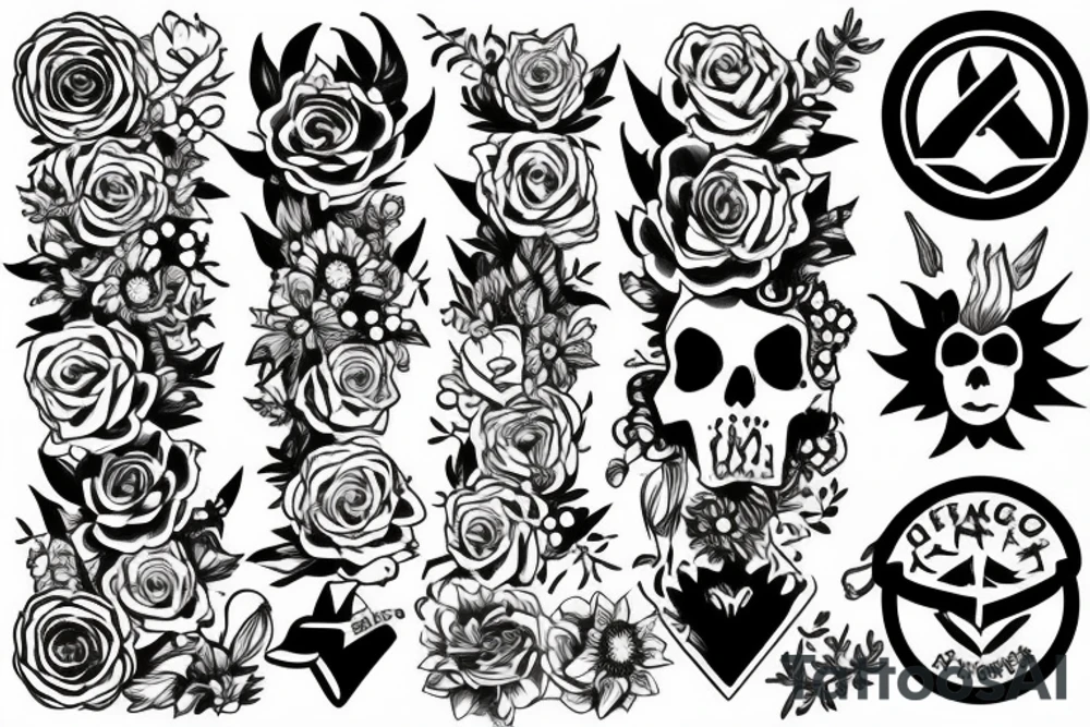 Sleeve Tattoo with flowers and symbols of the punk or vegan scene. tattoo idea