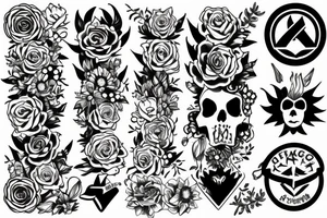 Sleeve Tattoo with flowers and symbols of the punk or vegan scene. tattoo idea