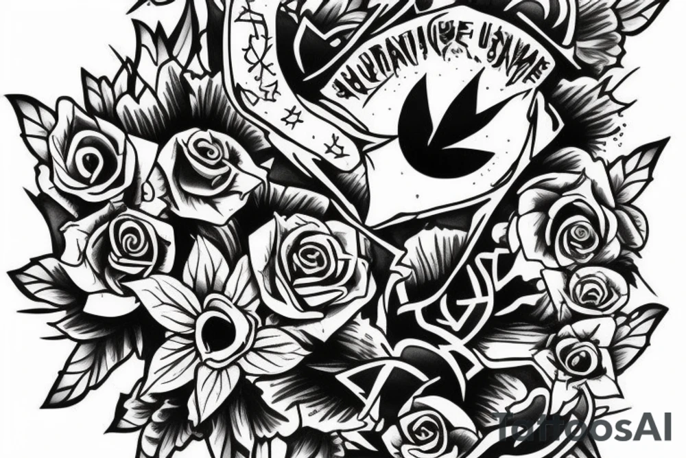 Sleeve Tattoo with flowers and symbols of the punk or vegan scene. tattoo idea