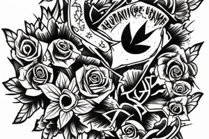 Sleeve Tattoo with flowers and symbols of the punk or vegan scene. tattoo idea