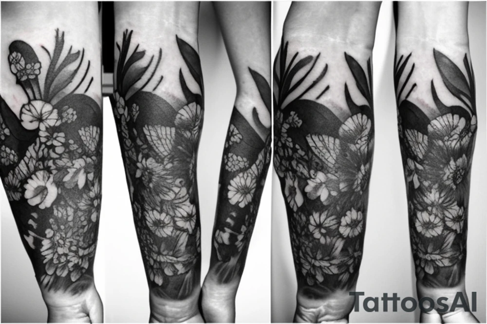 Sleeve Tattoo with flowers, forrest vibes, a small bumblebee, maybe an owl tattoo idea