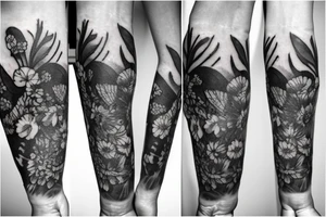 Sleeve Tattoo with flowers, forrest vibes, a small bumblebee, maybe an owl tattoo idea