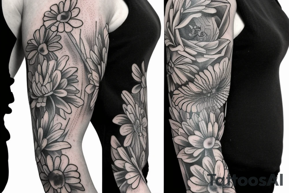 Sleeve Tattoo with flowers, forrest vibes, a small bumblebee, maybe an owl tattoo idea