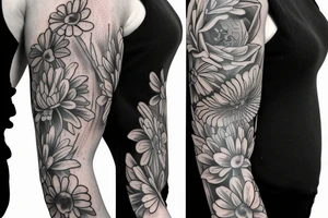 Sleeve Tattoo with flowers, forrest vibes, a small bumblebee, maybe an owl tattoo idea