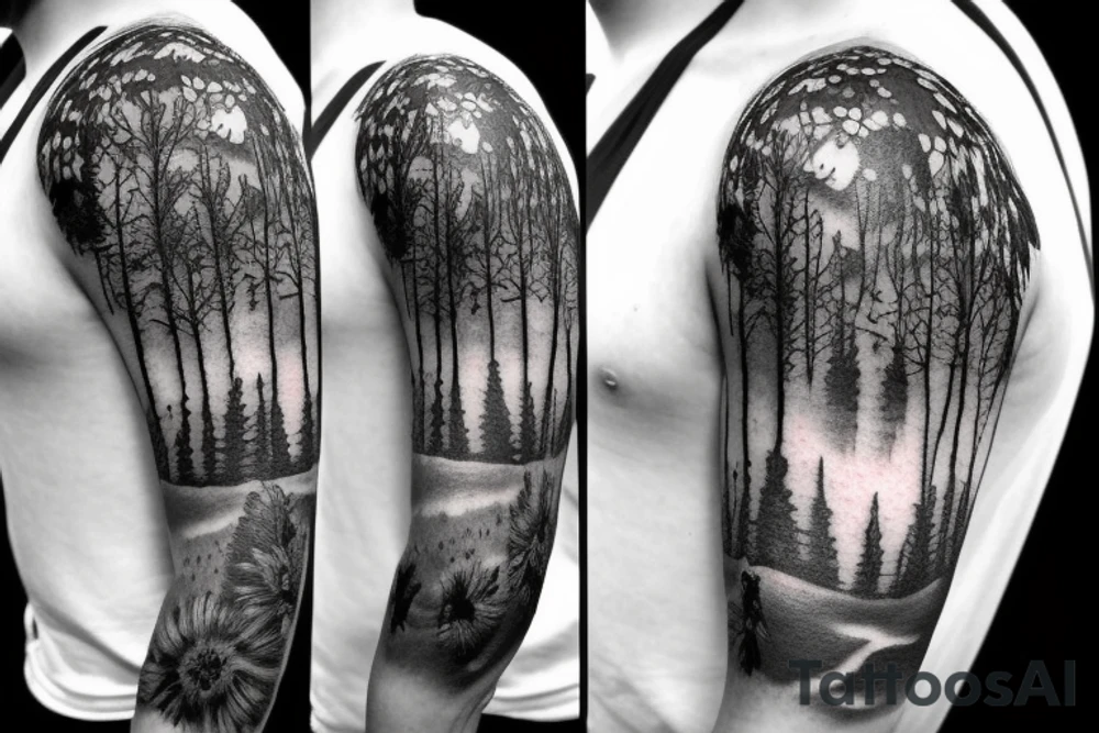 Sleeve Tattoo with nature, forrest vibes, a small bumblebee. masculin tattoo idea
